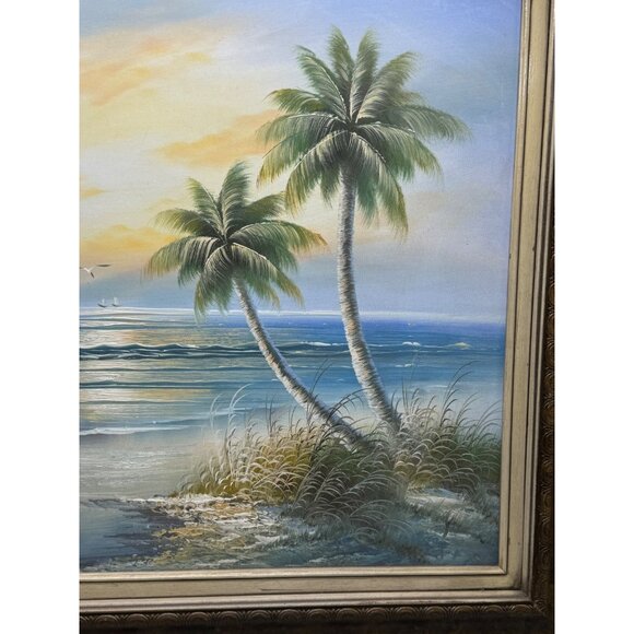 Framed Coastal ocean Landscape Painting With Lighthouse Palm Trees 31x27" READ - Picture 2 of 14